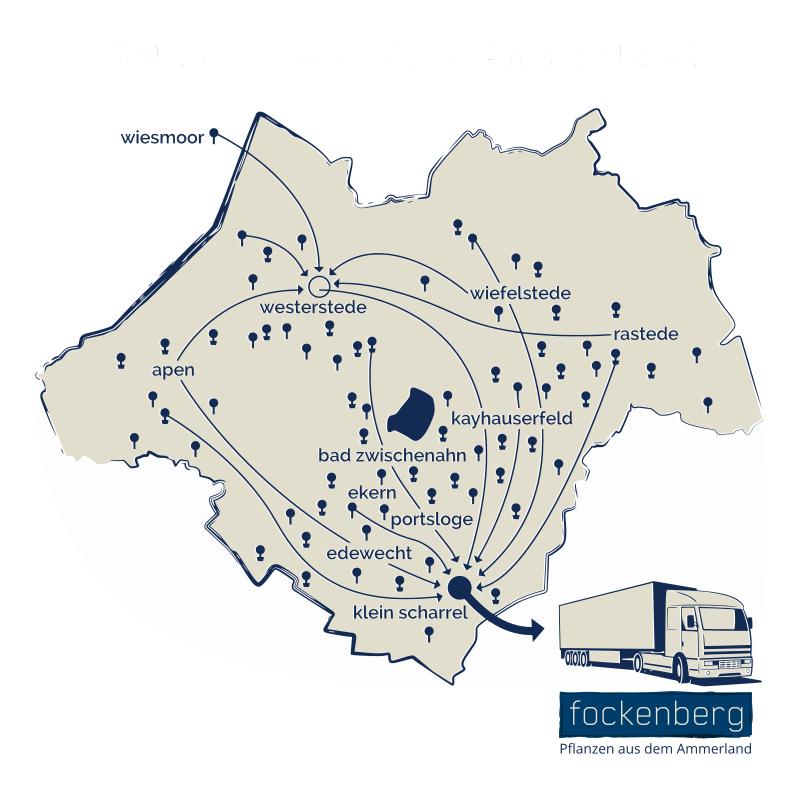 Pflanzenhandel im Ammerland. Karte vom Ammerland. Davor ein LKW und Logo Fockenberg.